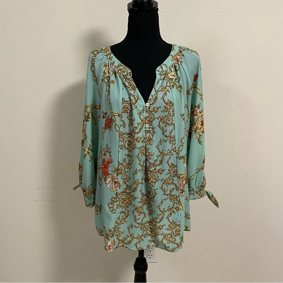 Fig and Flower Floral and Chain Print Blouse Mint Size Large - Picture 1 of 12